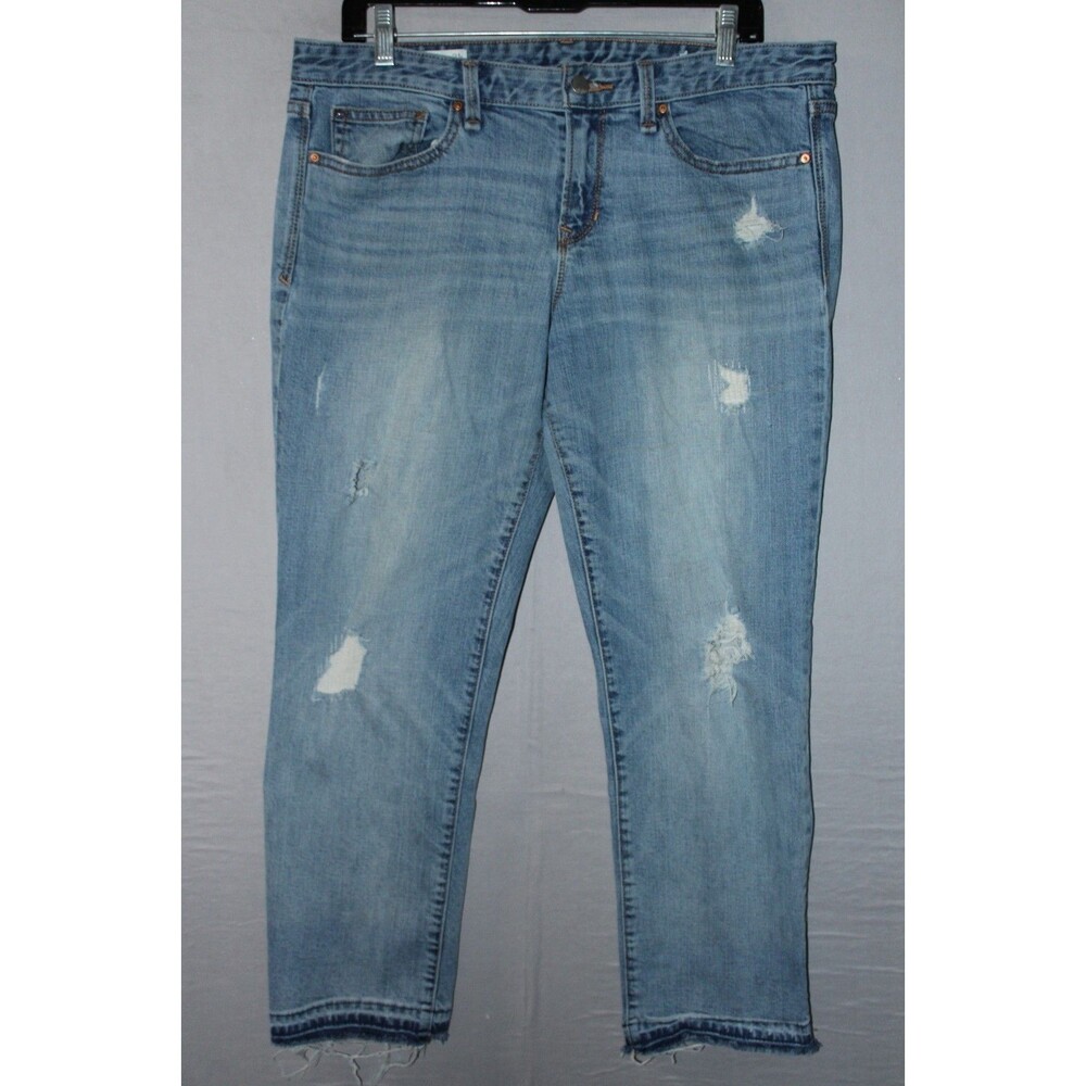 Gap 1969 Real Straight Jeans Womens 31 Blue Medium Wash Distressed Stretch Denim